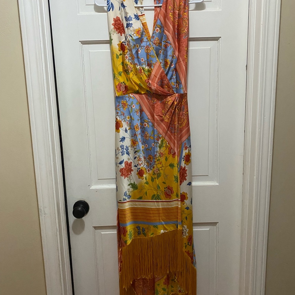 New York & Company Floral Wrap Dress with Fringe